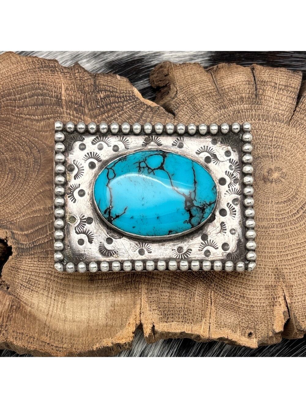 1960s Native American NAVAJO Sterling Silver Belt Buckle Block Turquoise Added